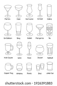 Collection Set Of Hand-drawn Doodle Cartoon Style Vector Icon Illustrations. Various Alcohol Cocktail Glasses High Ball Martini Margarita Old Fashioned Shot. For Card, A4 Poster Or Bar Menu Recipe.