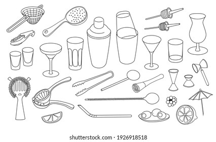 Collection set of hand-drawn doodle cartoon style vector icon illustrations. Various bar cocktail tool accessories, instruments kit as shaker glasses strainers jiggers. For bar menu website design.
