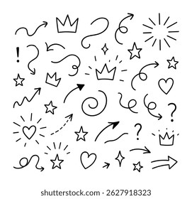 Collection set of hand-drawn doodle icons with arrows, crowns, stars, hearts, and question marks isolated on white background.