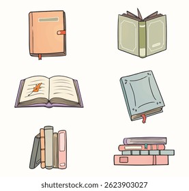 Collection set of hand-drawn illustrations various books pose. Soft pastel colors and whimsical sketch style for national education day, back to school, graphic element, asset