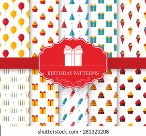 collection set of happy birthday seamless pattern. Balloon, cake, gifts, decoration, ice cream, fireworks with label logo concept. Vector abstract template for greeting card or invitation design 