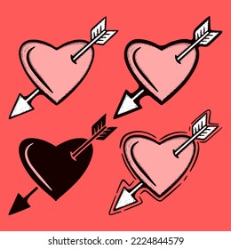 Collection set Heart arrow Illustration hand drawn sketch doodle for tattoo, stickers, logo, etc