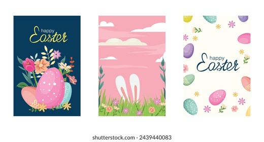 Colección de tarjetas de vacaciones para Pascua. Las cartas cuentan con orejas de conejito caprichosas, flores vibrantes y huevos coloridos contra un fondo de nubes esponjosas. Para tarjetas, impresiones, fondo, anuncios