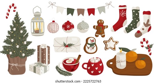 Collection set of Holidays elements and cozy hygge home decor. Perfect for Merry Christmas, Happy New Year, holidays, invitation and greeting card. Editable vector illustration.