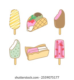 a collection set of ice cream pop with bite hand drawn icon design