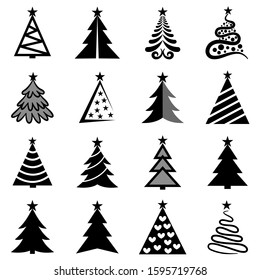 Collection set icons Christmas trees isolated on transparent background, Vector illustration, Festive Holiday, posters, cards or for web.