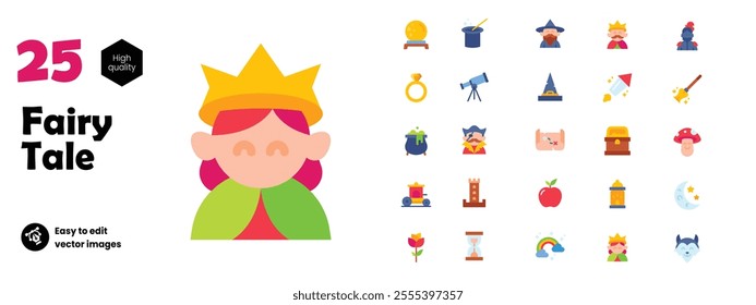 Collection set icons of fairy tale elements, icons and illustrations, flat style