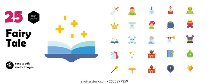 Collection set icons of fairy tale elements, icons and illustrations, flat style