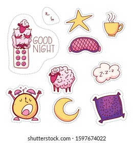 Collection set icons "Rest and sleep" in cartoon style. Stickers set-"Good night". Vector illustration.