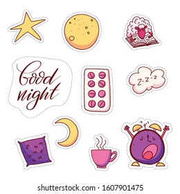 Collection set icons "Rest and sleep" in cartoon style. Stickers set-"Good night". Vector illustration.