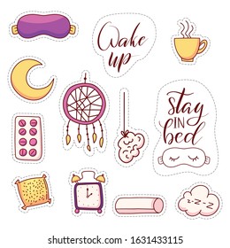 Collection set icons "Rest and sleep" in cartoon style. Stickers set- "Wake up". Vector illustration.