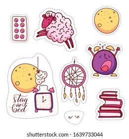 Collection set icons "Rest and sleep" in cartoon style. Stickers set-"Stay in bed". Vector illustration.