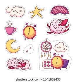 Collection set icons "Rest and sleep" in cartoon style. Stickers set-"Good night". Vector illustration.