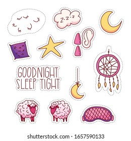 Collection set icons "Rest and sleep" in cartoon style. Stickers set-"Good night". Vector illustration.