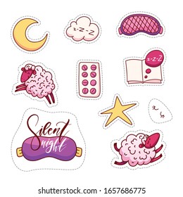 Collection set icons "Rest and sleep" in cartoon style. Stickers set-"Silent night". Vector illustration.