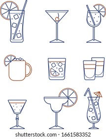 Collection set of icons: various alcohol cocktail glasses high ball martini margarita old fashioned shot Moscow mule mug. For card, poster, invitation, banner or restaurant menu for party event