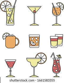 Collection set of icons: various alcohol cocktail glasses high ball martini margarita old fashioned shot Moscow mule mug. For card, poster, invitation, banner or restaurant menu for party event