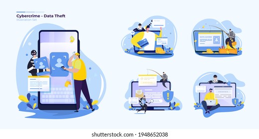 Ilustración de conjunto de recopilación sobre el concepto de robo de datos sobre delitos informáticos