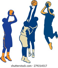 Collection or set of illustrations of basketball player dunking, shooting and rebounding ball done in retro style on isolated background.