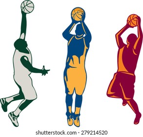 Collection Or Set Of Illustrations Of Basketball Player Dunking, Shooting And Rebounding Ball Done In Retro Style On Isolated Background.