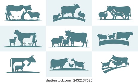 Collection set illustrations of farm animals with grass silhouettes vector logo