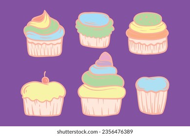 collection set illustrations hand drawn of cup cake  colorful