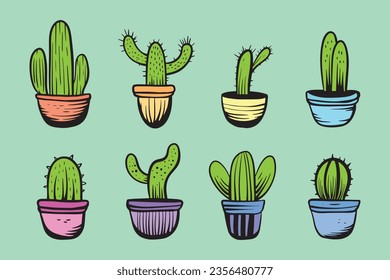 collection set illustrations hand drawn of cactus colorful