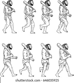 Collection set of illustrations of a neanderthal man or caveman holding a club on shoulder walking showing a walk cycle viewed from the side.  svg