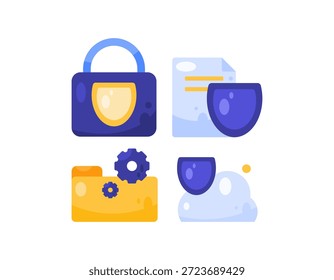 Una colección o conjunto de ilustraciones sobre seguridad y protección de datos. Tecnología de seguridad de archivos y protección de la privacidad. Iconos, símbolos, pegatinas, arte Clip, decoraciones, adornos. Estilo plano. El fondo blanco.