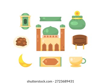 Colección o conjunto de ilustraciones sobre el tema de Ramadán, Eid al-Fitr y Adha. ilustración de cabeza de zakat, mezquita, fechas, taza, linterna, luna creciente, estera de oración. Iconos, símbolos, pegatinas, arte Clip, decoraciones, adornos. Estilo plano. El fondo blanco.