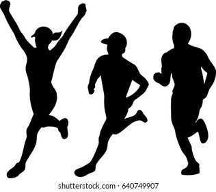 Collection set of illustrations of silhouettes of male and female marathon triathlete runner running winning finishing race on isolated background.