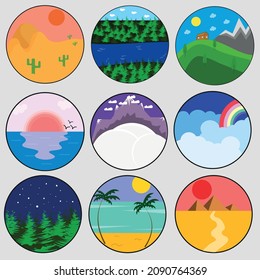 Collection set of images with landscapes. Desert with cacti, clouds with a rainbow, winter mountains, forest and river, fir trees and night sky, desert and pyramids, sea landscape