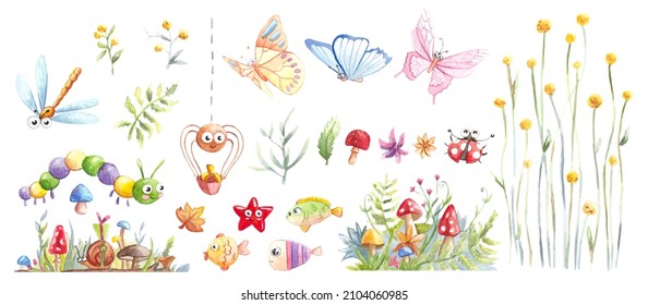 Collection, set with insects, fishes, mushrooms, plants. Hand painted watercolor hand drawn children's illustration of summer and autumn nature isolated on white.