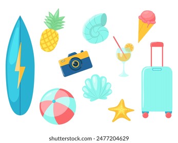 Colección, un conjunto de artículos relacionados con la playa y los viajes, una tabla de surf, una cámara, una maleta, una pelota, una piña, una concha y un vaso de bebida. Ilustración plana de Vector sobre fondo blanco