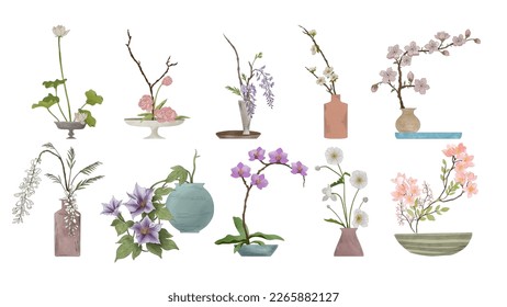 Kollektion von Blumen im japanischen Stil mit Aquarellfarben. Schöne Blumensymbole. Vektorgrafik einzeln auf Weiß. Geeignet für Karte, Einladung, Poster, Vorlage.