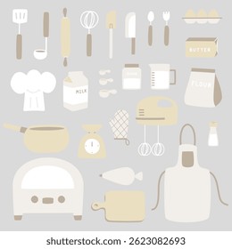 Conjunto de colección de utensilios de cocina elemento de herramienta de cocina de panadería, diseño de dibujos animados de Ilustración vectorial plana
