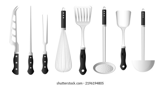 Collection set of kitchenware utensils knife filter spoon fork egg beater roast stick spatula