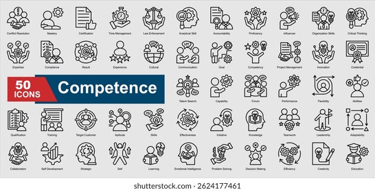 A collection set of line Competence icons. Includes expertise, proficiency, leadership, problem solving, training, and more. Perfect for illustration and design.