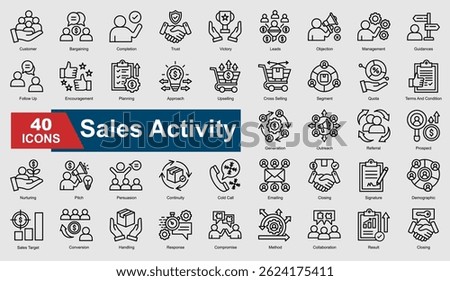 A collection set of line Sales Activity icons. Includes conversion, leads, trust, closing, follow-up, and more. Perfect for illustration and design.