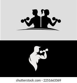 collection set of Logo gym, Fitness club logo, Muscular fitness couple girl and man with dumbbells, vector, logo, cartoon, mascot, character, couple fitness logo icon vector template