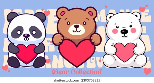 Collection Set of Lovely Bears: Teddy Bear, Panda, Polar Bear. Vector Cute Animal Compositions with Bears, Hearts in Flat Style for Valentine’s Day
