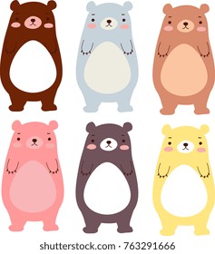 Collection Set Of Lovely Fluffy Brown Teddy Bear Doodle Icon, Cute Polar Bear , Kawaii Grizzly Bear, Adorable Animal Doll And Toy Standing Pose In Childlike Manga Cartoon Style Isolated On White