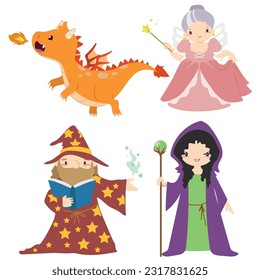 Collection set of the Magical dragon, fairy, wizard, and witch medieval kingdom fairytale. Vector illustrations of cute and kawaii kingdom fantasy cartoon characters.