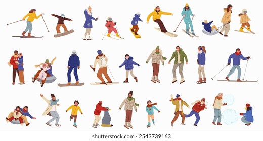 Colección, conjunto de personajes masculinos y femeninos que realizan actividades invernales. Conjunto de hombres y mujeres vestidos con ropa exterior de esquí, patinaje sobre hielo, snowboard, jugando en la nieve. Ilustración vectorial plana.