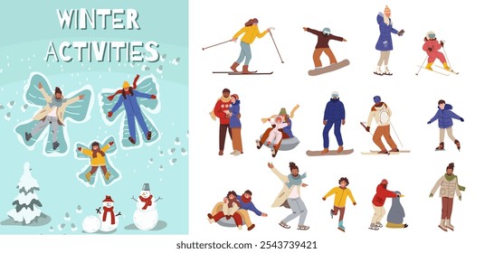 Colección, conjunto de personajes masculinos y femeninos que realizan actividades invernales. Conjunto de hombres y mujeres vestidos con ropa exterior de esquí, patinaje sobre hielo, snowboard, jugando en la nieve. Ilustración vectorial plana.