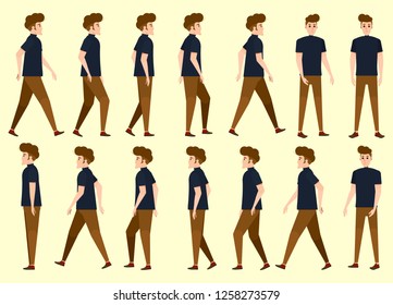 	
Collection set of man Walking. Undercut hairstyle. characters. sprite. frame loop. Walk. Variety of movements. Flat cartoon isolated style. front view, Oblique view, Side view. Simple design.