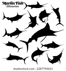 Collection set of marlin fish silhouette vector illustrations.