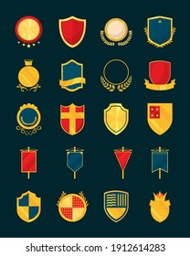 collection set of medieval shields and badges over blue background, colorful design, vector illustration