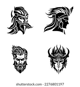 A collection set of medieval warrior logo silhouettes, Hand drawn illustrations showcasing different fierce and powerful warriors