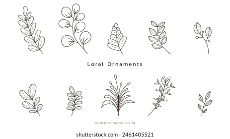Collection set Minimal drawn floral leaves botanical line art Hand drawn leaves line Floral branch , Minimal line art drawing for print on white background, Vector illustration EPS 10